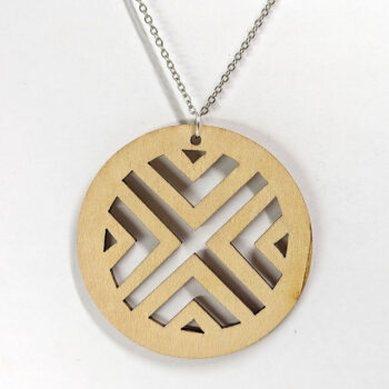 Large Round Lines X Natural Wood Pendant Necklace - Image 3