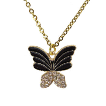 Clear Glass Rhinestone Black Butterfly Necklace Gold