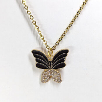 Clear Glass Rhinestone Black Butterfly Necklace Gold - Image 3