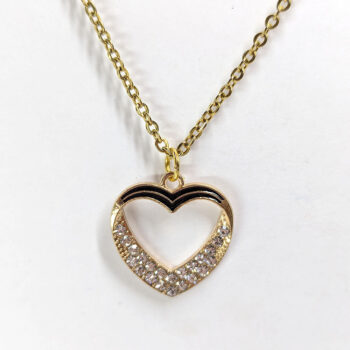 Clear Glass Rhinestone Black Heart Necklace Gold - Image 3