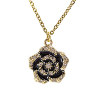 Clear Glass Rhinestone Black Flower Necklace Gold