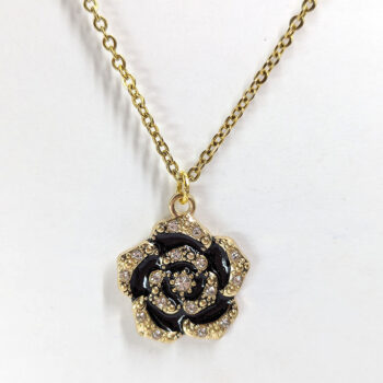 Clear Glass Rhinestone Black Flower Necklace Gold - Image 2