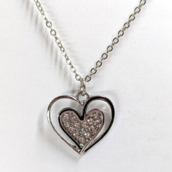 Clear Glass Black Heart Rhinestone Charm Necklace Silver