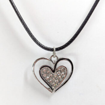 Clear Glass Black Heart Rhinestone Charm Necklace Silver - Image 2