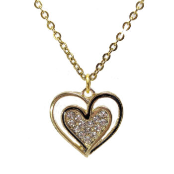 Clear Glass Black Heart Rhinestone Charm Necklace Gold