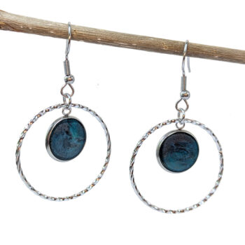 Stainless Steel Hoop Round Marble Resin Connector Earrings Silver