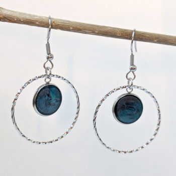 Stainless Steel Hoop Round Marble Resin Connector Earrings Silver - Image 3