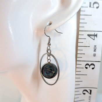 Stainless Steel Hoop Oval Marble Resin Connector Earrings Silver - Image 2