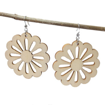 Large Round Flower Natural Wood Pendant Earrings