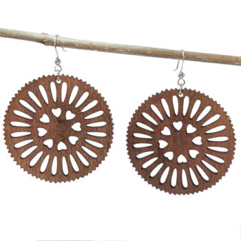 Large Round Hearts Brown Wood Pendant Earrings