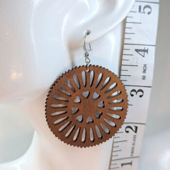 Large Round Hearts Brown Wood Pendant Earrings - Image 2