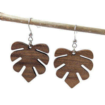 Monstera Leaf Brown Wood Pendant Earrings