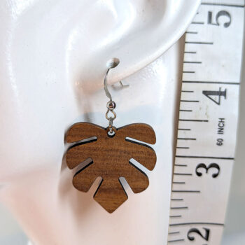 Monstera Leaf Brown Wood Pendant Earrings - Image 2