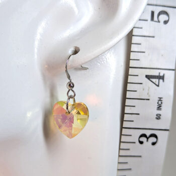 Yellow Pink Shiny Glass Rhinestone Heart Silver Earrings - Image 2