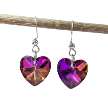 Purple Pink Shiny Glass Rhinestone Heart Silver Earrings