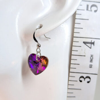 Purple Pink Shiny Glass Rhinestone Heart Silver Earrings - Image 2