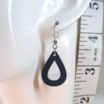 Navy Blue Hollow Teardrop Geometric Wood Earrings - Image 2