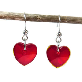 Red Glass Rhinestone Heart Silver Earrings