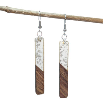 Slim Long Rectangle Silver Gold Leaf Wood Resin Earrings