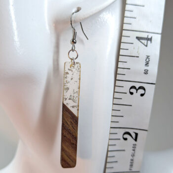 Slim Long Rectangle Silver Gold Leaf Wood Resin Earrings - Image 2