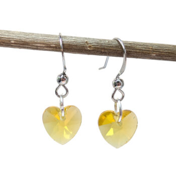 Small Yellow Glass Rhinestone Heart Silver Earrings