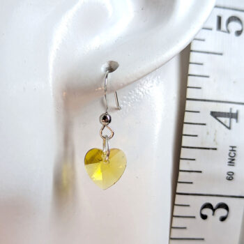 Small Yellow Glass Rhinestone Heart Silver Earrings - Image 2