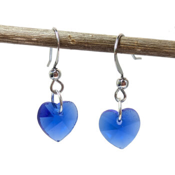 Small Blue Glass Rhinestone Heart Silver Earrings