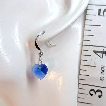 Small Blue Glass Rhinestone Heart Silver Earrings - Image 2