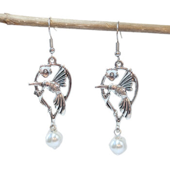 Antique Silver Hummingbird Bird in Hoop With Pearl Earrings