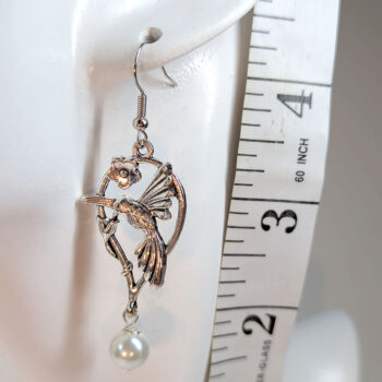 Antique Silver Hummingbird Bird in Hoop With Pearl Earrings - Image 2