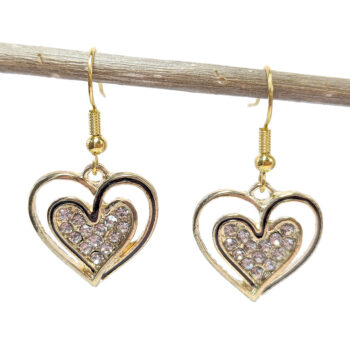 Gold and Black Double Heart with Rhinestones Earrings