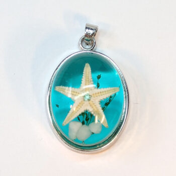 Oval Ocean Scene Real Starfish Blue Resin Pendant Silver