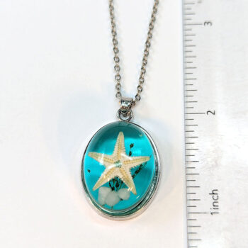 Oval Ocean Scene Real Starfish Blue Resin Pendant Silver Necklace - Image 2