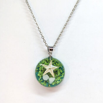 Round Ocean Scene Real Starfish Green Resin Silver Necklace - Image 4