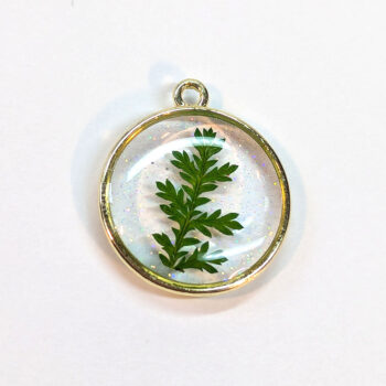 Round Real Dried Green Leaf Resin Pendant Gold