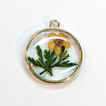 Round Real Dried Yellow Flower Leaf Resin Pendant Gold