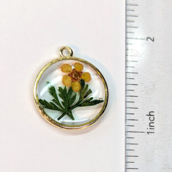 Round Real Dried Yellow Flower Leaf Resin Pendant Gold - Image 2