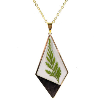 Large Gold Diamond Real Dried Fern Leaf Resin Necklace