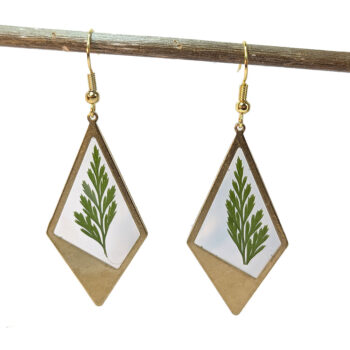 Medium Gold Diamond Real Dried Fern Leaf Resin Earrings