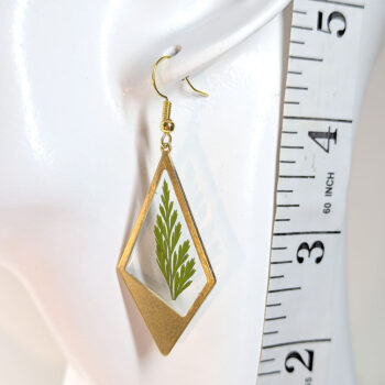 Medium Gold Diamond Real Dried Fern Leaf Resin Earrings - Image 2