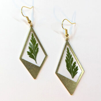 Medium Gold Diamond Real Dried Fern Leaf Resin Earrings - Image 3