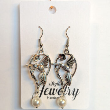 Antique Silver Hummingbird Bird in Hoop With Pearl Earrings - Image 4