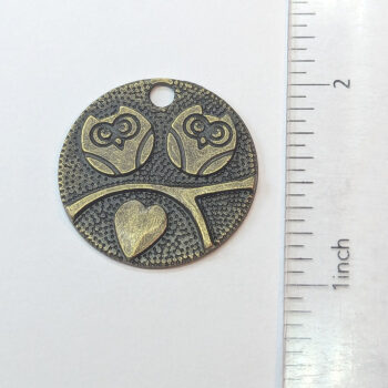 Antique Bronze Love Bird Owls Round Charm - Image 2