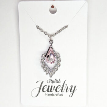 Pink Clear Rhinestone Teardrop Drop Necklace Silver - Image 4