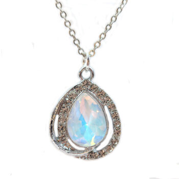 Creamy Clear Halo Rhinestone Teardrop Necklace Silver