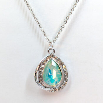 Creamy Green Halo Rhinestone Teardrop Necklace Silver - Image 3