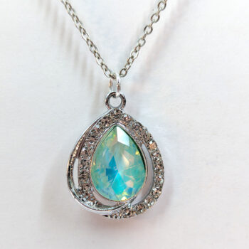 Creamy Green Halo Rhinestone Teardrop Necklace Silver