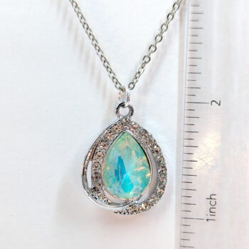 Creamy Green Halo Rhinestone Teardrop Necklace Silver - Image 2