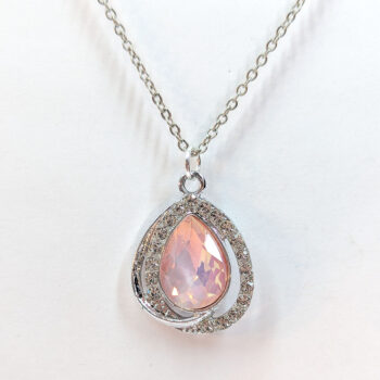 Creamy Pink Halo Rhinestone Teardrop Necklace Silver