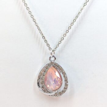 Creamy Pink Halo Rhinestone Teardrop Necklace Silver - Image 2